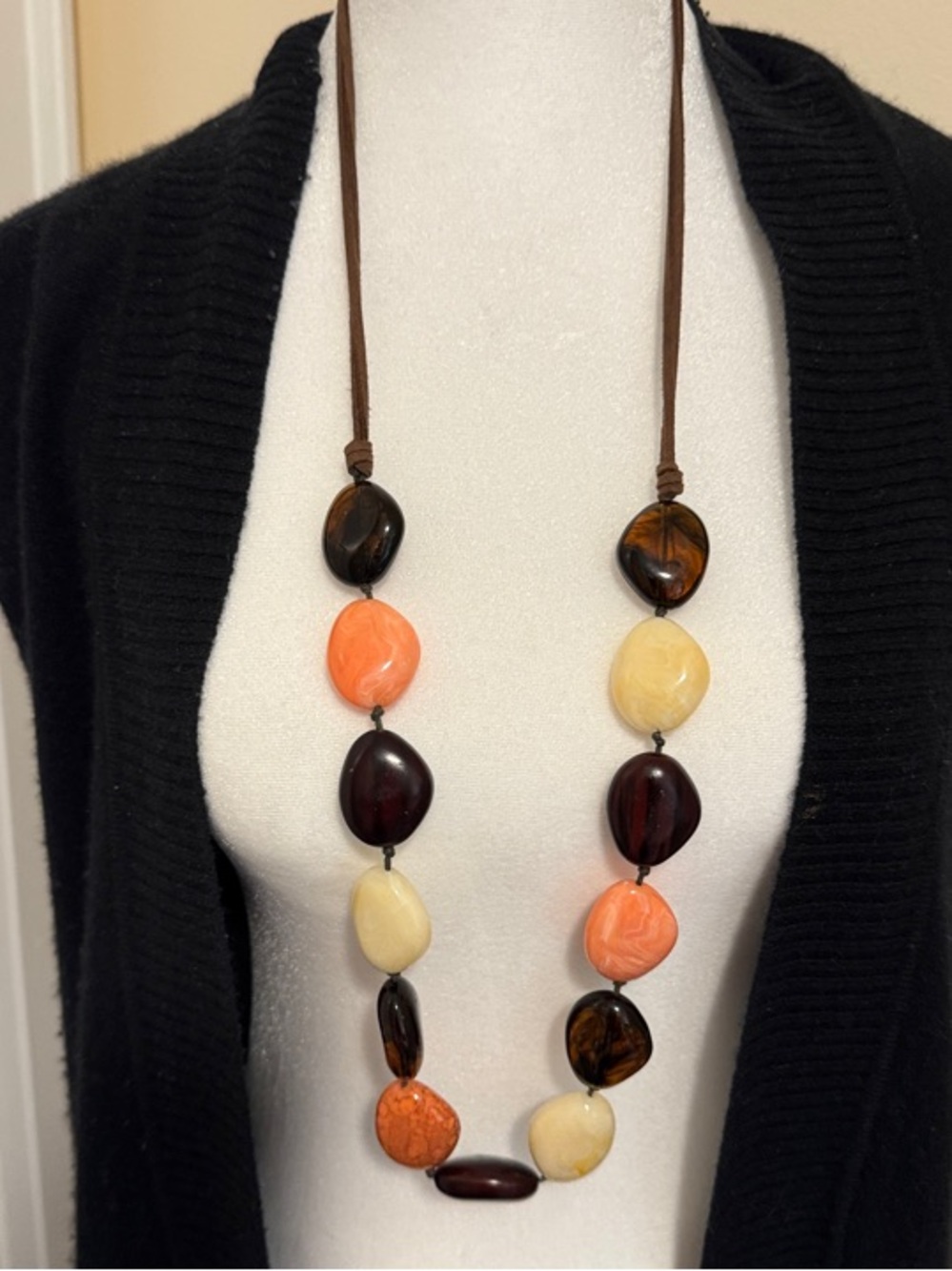 Long Multicolor Bead Necklace - Orange, Cream & Brown